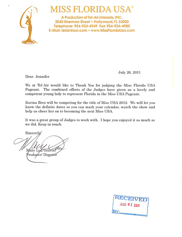 Ms. Florida USA thank you letter to Jennifer